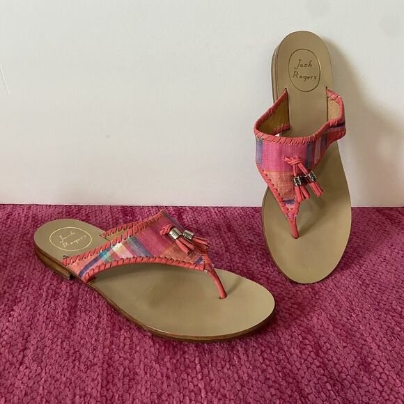 Jack Rogers Alana Tasseled Sandals Pink Plaid Size 9 - Picture 1 of 10